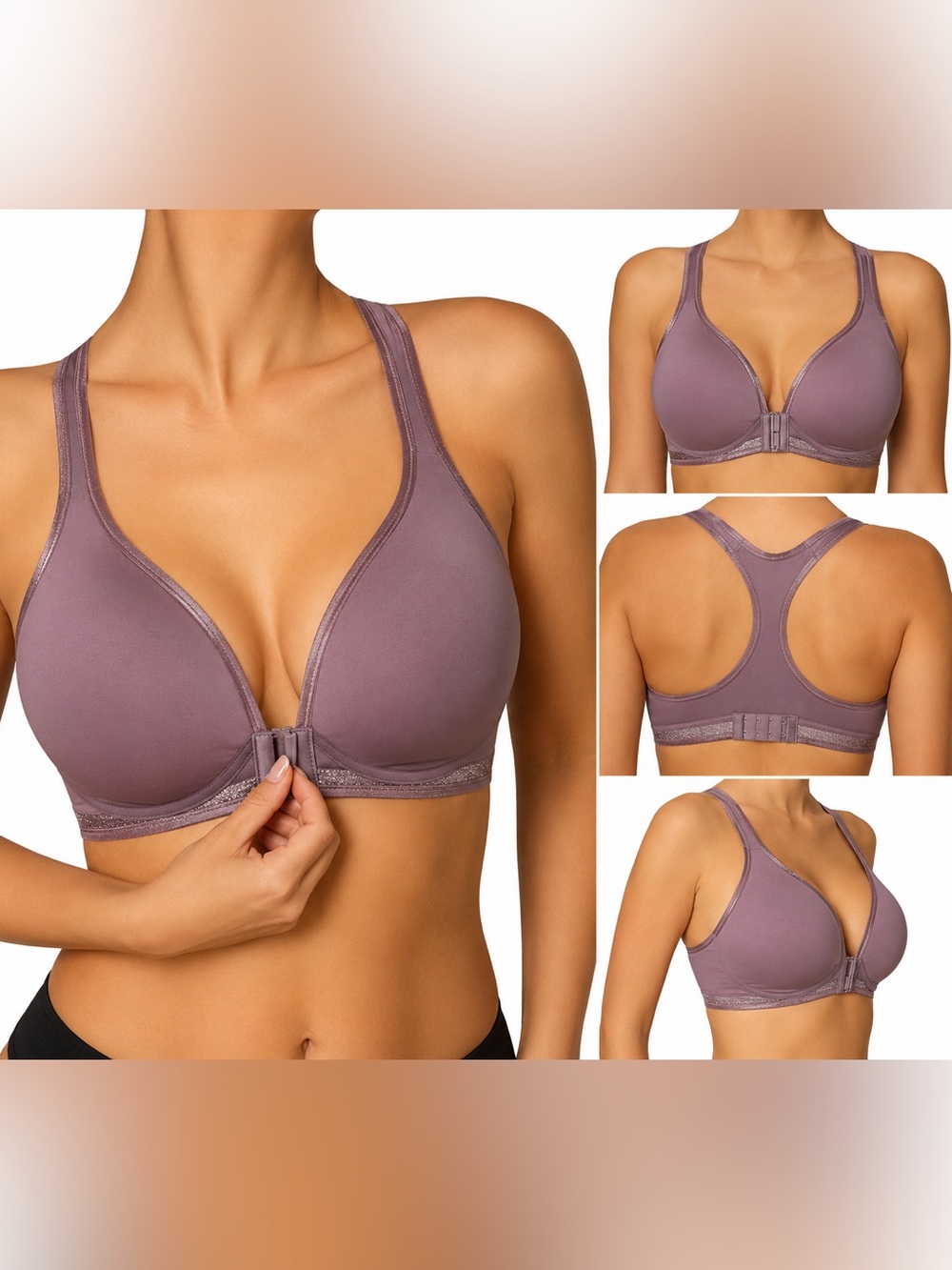 NWT Fruit of the Loom Fresh Collection Front Closure Racerback Bra L Mauve